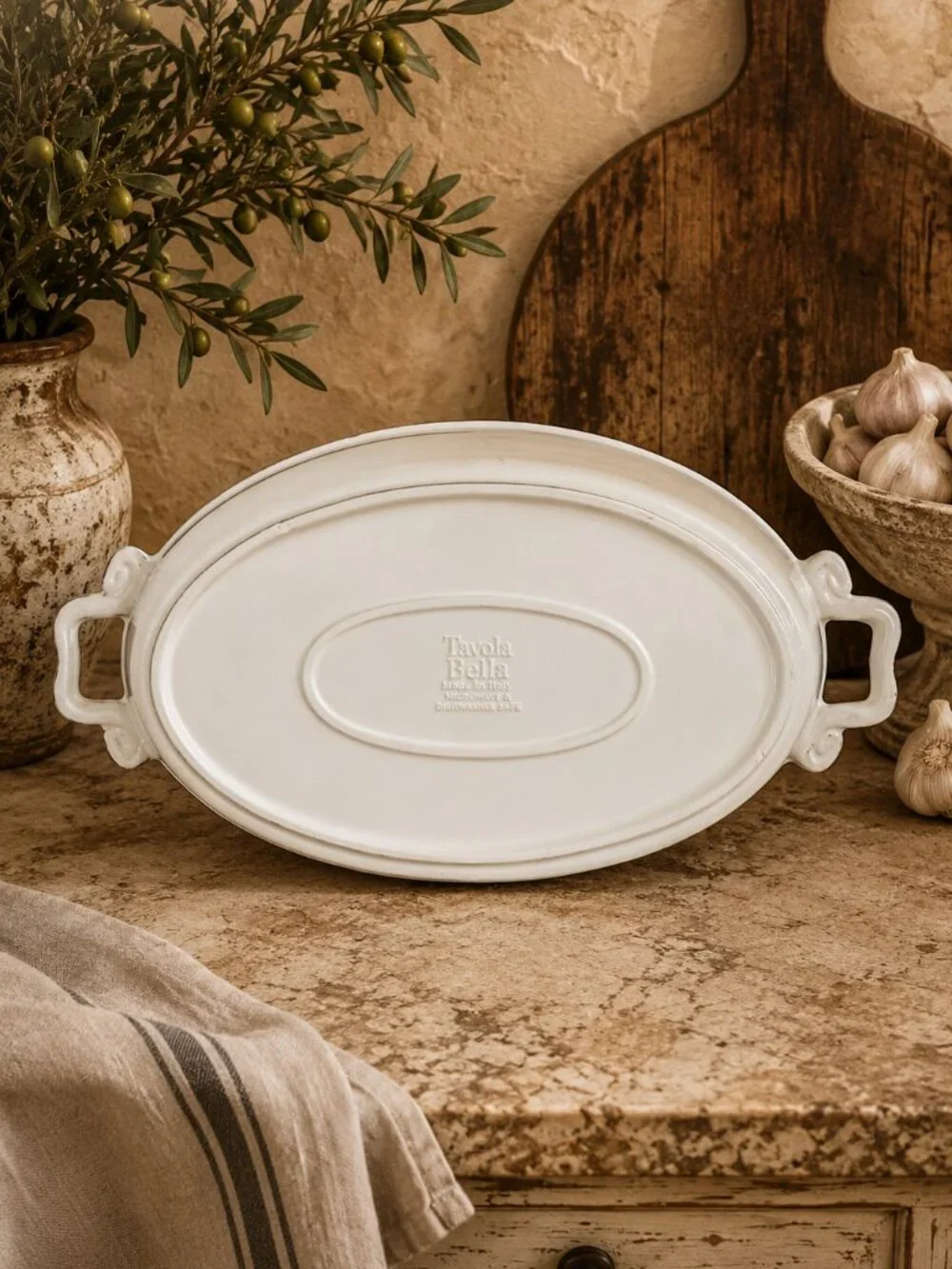 Italian Tavola Bella Baking Dish Casserole Stoneware With Scroll-Shaped Handles